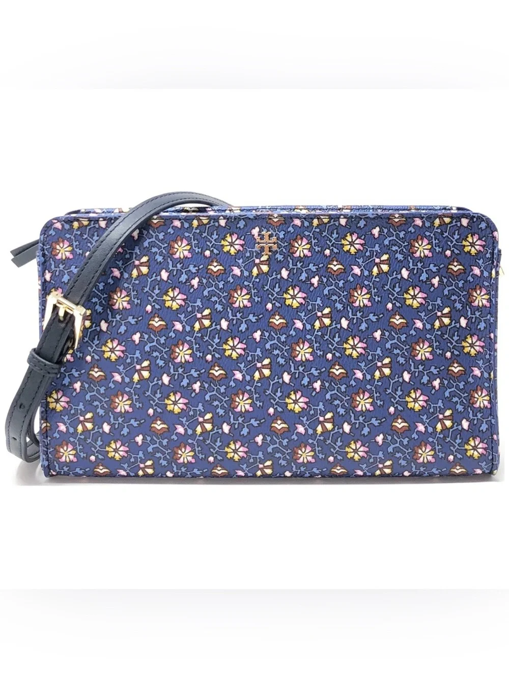 Tory Burch Navy Floral Print Crossbody Leather Bag with Gold Hardware